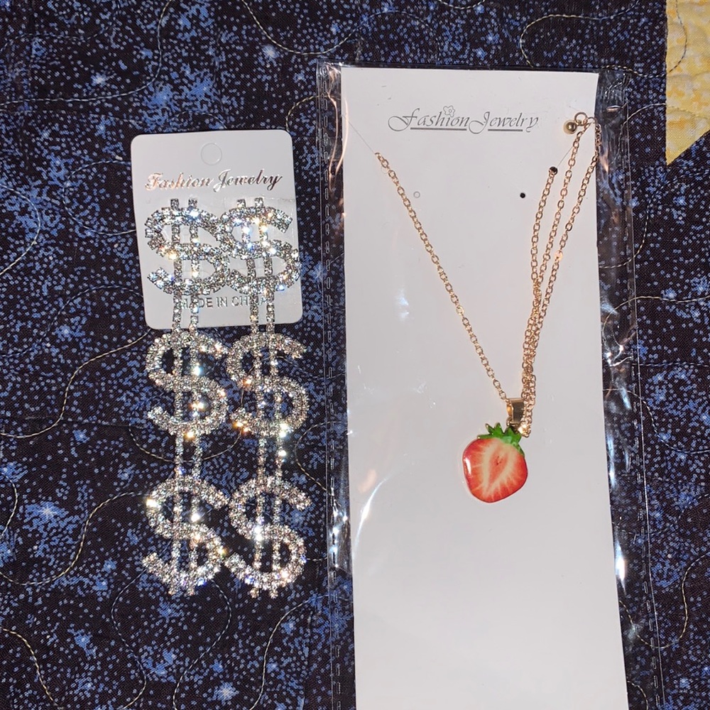 Dollar drop earrings and strawberry necklace